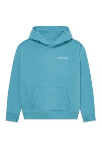 Haut à capuche turquoise avec une poche avant, un cordon de serrage au niveau de la capuche et des poignets côtelés. Présente le logo "ABERCROMBIE" en blanc sur la poitrine. Matière en mélange de coton.