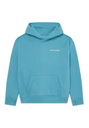Tyrkysová mikina s kapucňou a predným vreckom, so šnúrkou na stiahnutie a rebrovanými častami. Na hrudníku je biele logo "ABERCROMBIE". Materiál je z bavlnenej zmesi.