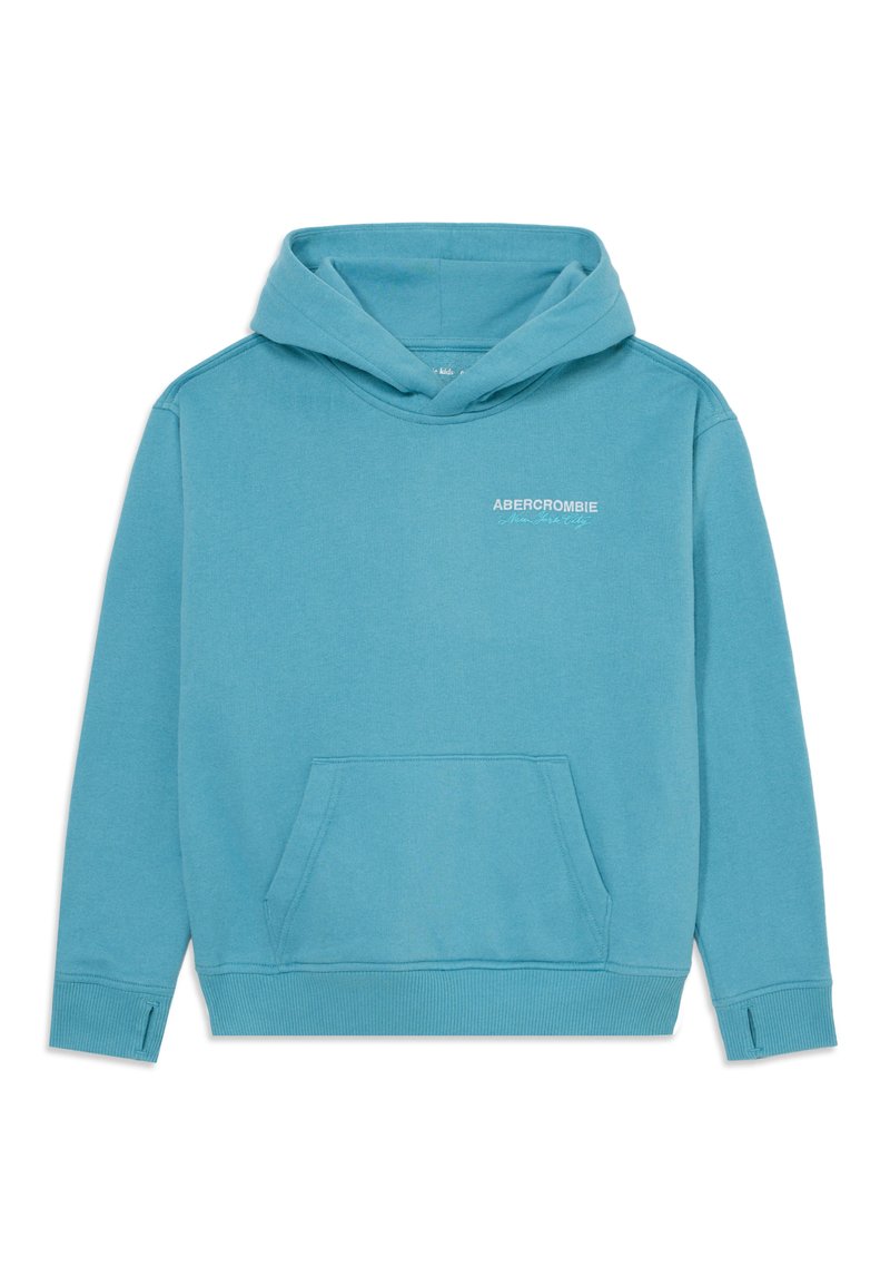 Haut à capuche turquoise avec une poche avant, un cordon de serrage au niveau de la capuche et des poignets côtelés. Présente le logo "ABERCROMBIE" en blanc sur la poitrine. Matière en mélange de coton.