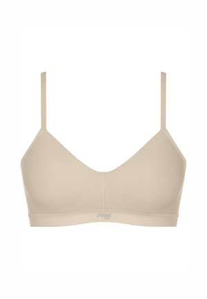 Beige bezdrátová podprsenka s designem ve tvaru V, nastavitelnými ramínky a hladkým textilním povrchem. Obsahuje diskrétní logo na spodní části.