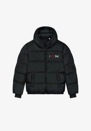 Giubbotto nero imbottito con cappuccio, chiusura frontale con cerniera, tasche laterali e scritta "I ♥ YOU" ricamata sul petto sinistro.