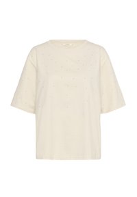 Creme kortærmet t-shirt lavet af blød bomuld, med subtile rhinsten dekorationer spredt over fronten. Rund halsudskæring.