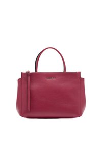 Sac à main en cuir rouge avec une finition texturée, deux poignées courtes, une fermeture éclair et un détail de frange sur le côté. Forme rectangulaire compacte.