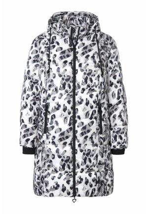 Polstret jakke med hætte, der har et sort-hvidt leopardprint mønster. To sidelommer og elastiske manchetter for ekstra varme.