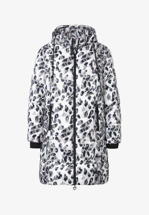Padded jacket with a hood, in a black-and-white leopard print pattern. It has two side pockets and elastic cuffs for added warmth.