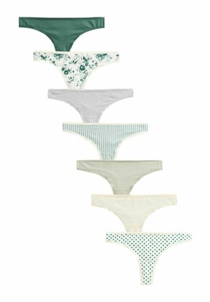 Set of seven women's panties in various colors and patterns: solid green, floral, grey, striped, pale green, solid cream, and polka dot.
