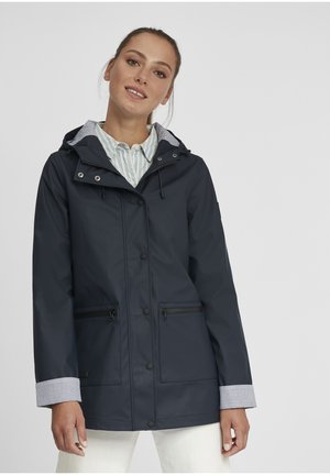Navy rain jacket with a zippered front, adjustable hood, and striped cuffs. Features two zippered pockets and a smooth, waterproof texture.