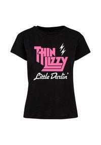 Must kollane lühikeste varrukatega t-särk, millel on julge roosa ja valge graafiline tekst: "THIN LIZZY" ja "Little Darlin’" koos välkude aktsentidega.