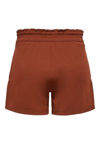 Pantaloni corti marroni a vita alta con una cintura elastica arricciata, realizzati in un tessuto liscio; presentano un design semplice e pulito senza tasche.