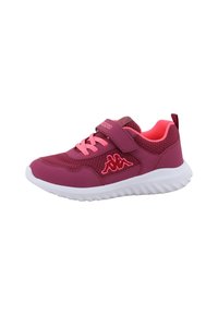 Chaussure de sport rose et bourgogne avec tige en maille et synthétique, fermeture à lacets et à bande auto-agrippante, semelle en caoutchouc, et détail de logo.