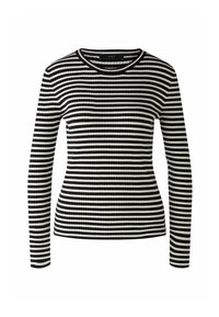 Pull côtelé à manches longues, noir et blanc, avec un col rond, présentant des rayures horizontales étroites et une coupe ajustée.