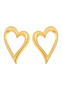 To symmetrisk åbne ramme øreringe i guld formet som hjerter med en glat, skinnende overflade på en hvid baggrund.
