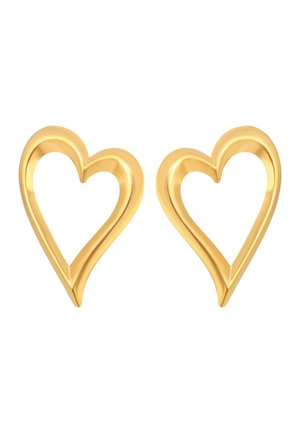 Twee symmetrische open-gevormde gouden hartvormige oorbellen met een gladde, glanzende afwerking op een witte achtergrond.