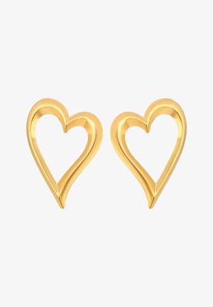 Due o orecchini a cuore dorati, simmetrici e a forma aperta, con una finitura liscia e lucida su uno sfondo bianco.