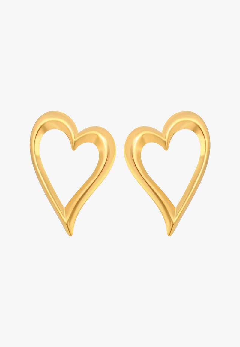 Deux boucles d'oreilles en forme de cœur dorées à cadre ouvert, symétriques, avec une finition lisse et brillante sur fond blanc.
