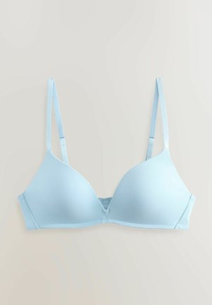 Soutien-gorge sans couture bleu clair avec de fines bretelles réglables, des bonnets triangulaires, une texture lisse et une fermeture à crochets au dos.