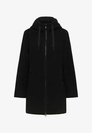 Czarna polarowa kurtka o średniej długości z kapturem, z zamkiem błyskawicznym z przodu i zamykanymi na zamek kieszeniami po bokach, z regulowanym kapturem.