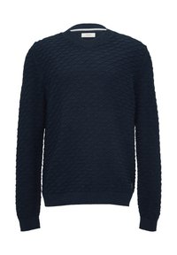 Marineblauer strukturierten Pullover mit Rautenmuster, V-Ausschnitt und gerippten Bündchen und Saum. Hergestellt aus einem weichen Strickmaterial.