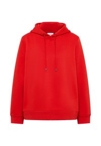 Sudadera roja hecha de tejido suave, con un bolsillo canguro en la parte frontal, capucha con cordón y un minimalismo en la marca en el pecho.
