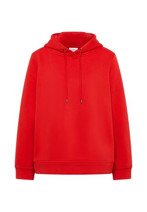 Rode hoodie van zachte stof, met een voorzak in kangaroo-stijl, een trekkoord capuchon en minimale branding op de borst.