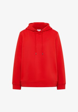 Rode hoodie van zachte stof, met een voorzak in kangaroo-stijl, een trekkoord capuchon en minimale branding op de borst.