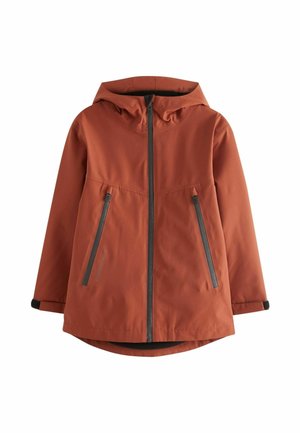 Vandafvisende jakke i rustfarve med hætte, frontlynlås og to lynlåslommer. Glat tekstur med justerbare manchetter.
