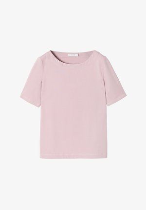 Heled roosa lühikeste varrukatega T-särk, mis on valmistatud pehmest materjalist, ümmarguse kaeluse ja mugava lõikega. Lihtne disain, ilma nähtavate mustrite või aktsentideta.