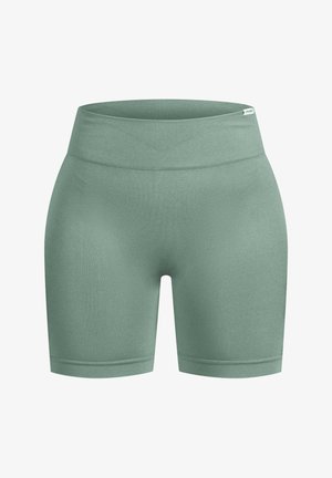 Pantalones cortos verdes transpirables con una cinturilla ancha y acanalada, textura suave y un diseño ajustado, ideales para el uso activo o casual.