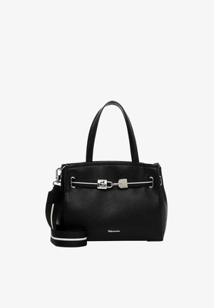 Zwart gestructureerde leren handtas met dubbele bovenhandvatten, afneembare gestreepte schouderriem en zilveren gespsdetail aan de voorkant.