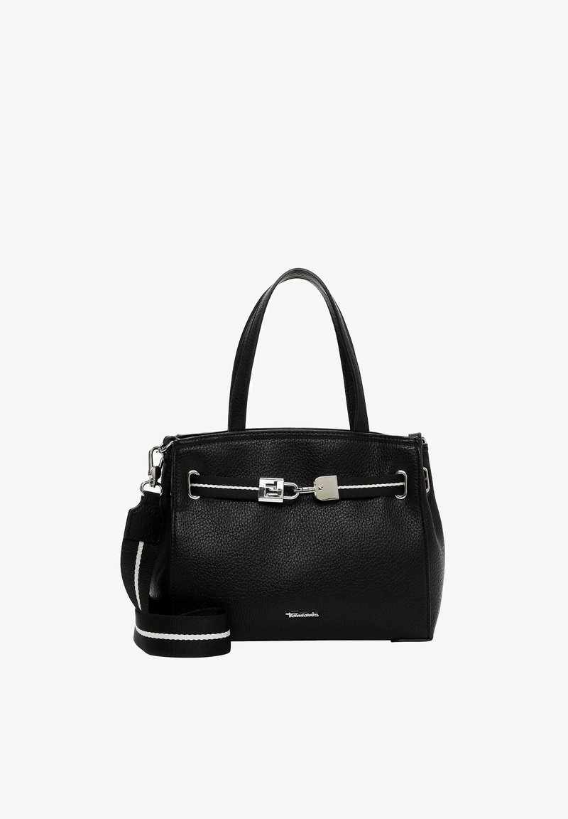 Borsa a mano in pelle nera con texture, manici doppi in alto, tracolla a righe staccabile e dettaglio fibbia argento sul davanti.