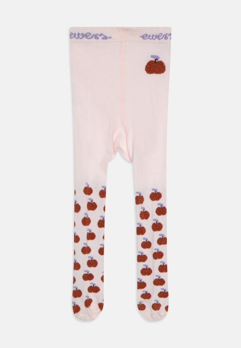Helle rosa Strumpfhosen mit einem einfarbigen oberen Teil, der ein kleines rotes Apfeldesign zeigt, und einem gemusterten unteren Teil, der wiederholt rote Äpfel und grüne Stiele darstellt.