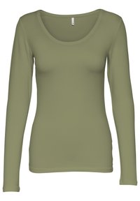 Langärmliges Shirt in olivgrün, aus dehnbarem Material gefertigt. Mit rundem Ausschnitt und taillierter Passform. Keine sichtbaren Muster oder Akzente.