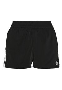 Černé sportovní šortky vyrobené z lehké látky. Mají elastický pas a bílé boční pruhy. Malé logo je umístěno v levém dolním rohu.