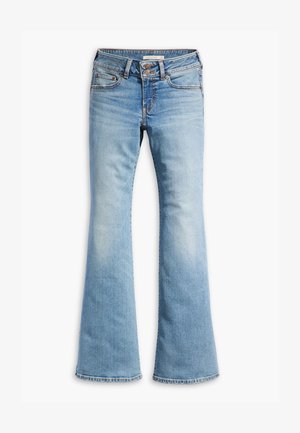 Ljusblå utsvängda jeans i denim med knäppning, femficksdesign och lätt blekningar för en sliten look.