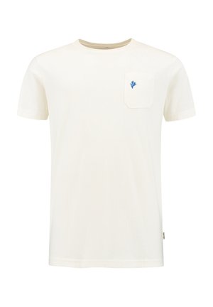 Puuvillane lühikeste varrukatega t-särk heledas valges värvitoonis, millel on sinine tikand vasakul rinnataskul. Ümar kaelus, regulaarselt istuv.