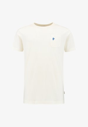 Tricou din bumbac cu mânecă scurtă, de culoare albă-crem, cu un design brodat albastru pe buzunarul stâng al pieptului. Guler rotund, croi obișnuit.