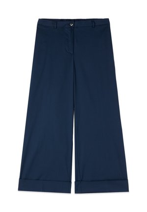Pantalon large bleu marine avec ourlets retroussés, bouton à l'avant, fermeture éclair et passants pour ceinture.
