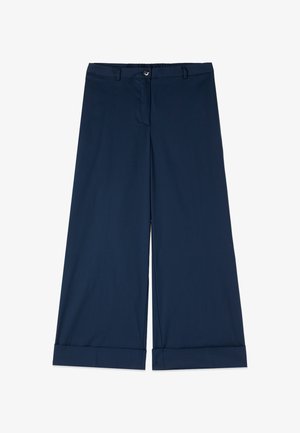 Laivastonsiniset leveälahkeiset housut, joissa on käännetyt lahkeet, edessä nappi, vetoketjusuljenta ja vyönlenkit.