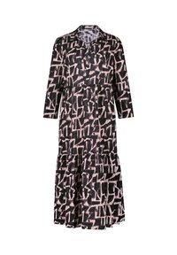 Schwarzes Kleid mit einem geometrischen Muster in Pink und Weiß, Kragen-Ausschnitt, Dreiviertelärmel und einem geschichteten Rüschensaum. Leichte Stoffqualität.