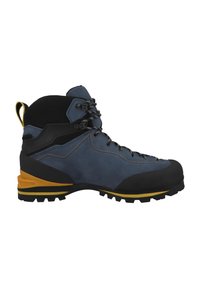 Hiking-Stiefel in Mid-Cut mit einem obermaterial aus dunkelblauem Wildleder, schwarzem Mesh-Kragen, gelben Akzenten an der Sohle und robuster schwarzer Gummikappe.