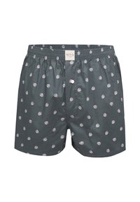 Boxer da uomo grigio scuro con motivo a foglia bianca, cintura elastica, bottone frontale e una piccola etichetta del marchio sulla cintura.