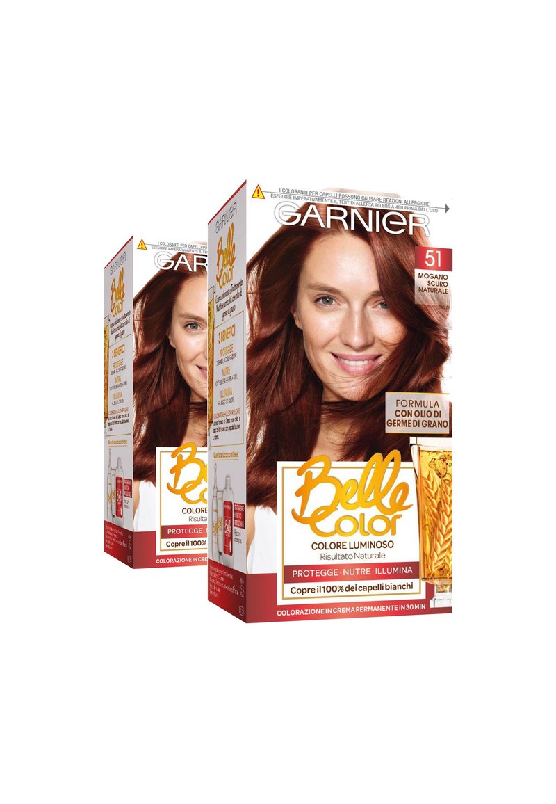 Garnier - GARNIER TINTA CAPELLI BELLE COLOR, COLORE LUMINOSO E RIFLESSI NATURALI, COPRE IL 100% DEI CAPELLI BIANCHI - 2 PACK - Tinte capelli - mogano scuro naturale, Ingrandire