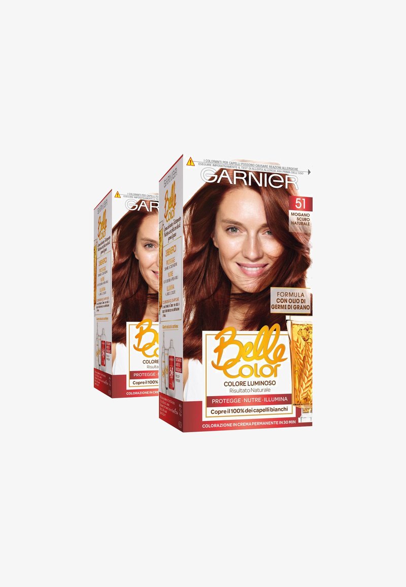Garnier - GARNIER TINTA CAPELLI BELLE COLOR, COLORE LUMINOSO E RIFLESSI NATURALI, COPRE IL 100% DEI CAPELLI BIANCHI - 2 PACK - Tinte capelli - mogano scuro naturale, Ingrandire