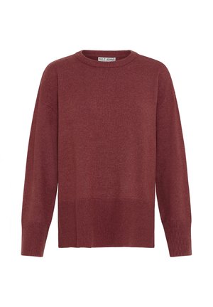 Pull en mailles bordeaux avec un col rond, des épaules tombantes et des poignets côtelés. Il présente un ourlet inférieur texturé. Tissu de poids moyen.