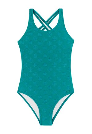 Maillot de bain une pièce bleu sarcelle avec motifs de soleil en relief et bretelles croisées dans le dos, avec doublure intérieure blanche.