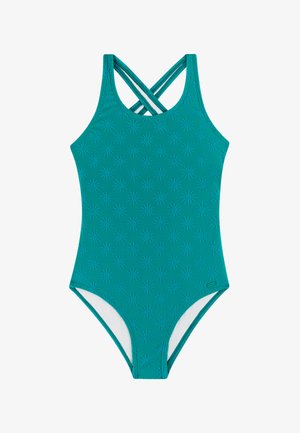 Maillot de bain une pièce bleu sarcelle avec motifs de soleil en relief et bretelles croisées dans le dos, avec doublure intérieure blanche.