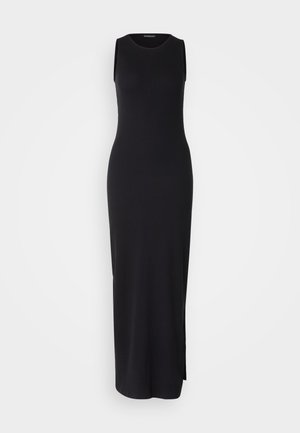 Black sleeveless maxi dress with a fitted silhouette, ribbed texture, round neckline, and side slit for ease of movement.
