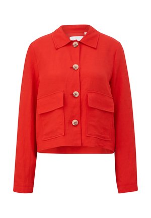 Red cropped jacket made of a lightweight fabric, featuring a pointed collar, front button closure, and two large patch pockets.