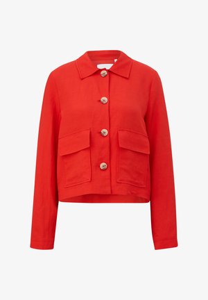 Red cropped jacket made of a lightweight fabric, featuring a pointed collar, front button closure, and two large patch pockets.