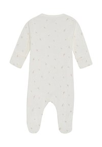 Vit baby onesie med lång ärm, som har ett subtilt blommönster i ljusbrunt. Mjuk tyg och fotsydd design för komfort.